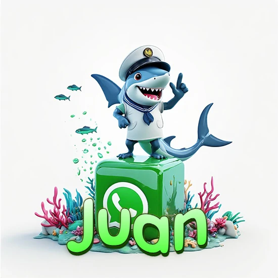 Fondo marino con un tiburón capitán sobre un cubo verde de WhatsApp. Arrecifes de coral, peces y burbujas. Nombre en verde claro en la parte delantera del cubo. Diseño con el nombre Juan.