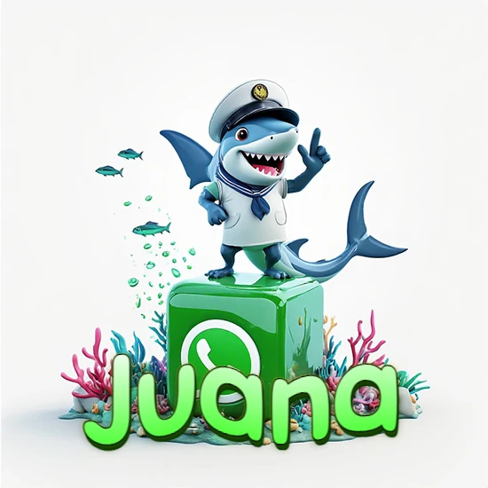 Fondo marino con un tiburón capitán sobre un cubo verde de WhatsApp. Arrecifes de coral, peces y burbujas. Nombre en verde claro en la parte delantera del cubo. Diseño con el nombre Juana.