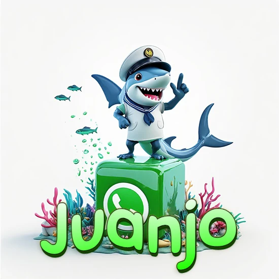 Fondo marino con un tiburón capitán sobre un cubo verde de WhatsApp. Arrecifes de coral, peces y burbujas. Nombre en verde claro en la parte delantera del cubo. Diseño con el nombre Juanjo.