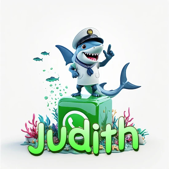 Fondo marino con un tiburón capitán sobre un cubo verde de WhatsApp. Arrecifes de coral, peces y burbujas. Nombre en verde claro en la parte delantera del cubo. Diseño con el nombre Judith.