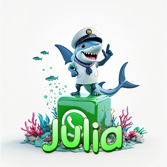 Fondo marino con un tiburón capitán sobre un cubo verde de WhatsApp. Arrecifes de coral, peces y burbujas. Nombre en verde claro en la parte delantera del cubo. Diseño con el nombre Julia.
