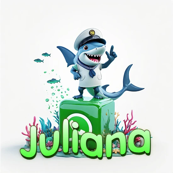 Fondo marino con un tiburón capitán sobre un cubo verde de WhatsApp. Arrecifes de coral, peces y burbujas. Nombre en verde claro en la parte delantera del cubo. Diseño con el nombre Juliana.