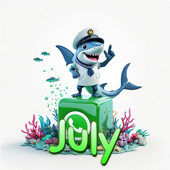Fondo marino con un tiburón capitán sobre un cubo verde de WhatsApp. Arrecifes de coral, peces y burbujas. Nombre en verde claro en la parte delantera del cubo. Diseño con el nombre July. Fondo marino con un tiburón capitán sobre un cubo verde de WhatsApp. Arrecifes de coral, peces y burbujas. Nombre en verde claro en la parte delantera del cubo. Diseño con el nombre July.