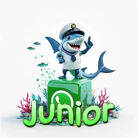 Fondo marino con un tiburón capitán sobre un cubo verde de WhatsApp. Arrecifes de coral, peces y burbujas. Nombre en verde claro en la parte delantera del cubo. Diseño con el nombre Junior.