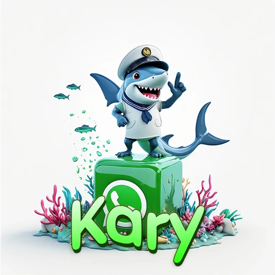Fondo marino con un tiburón capitán sobre un cubo verde de WhatsApp. Arrecifes de coral, peces y burbujas. Nombre en verde claro en la parte delantera del cubo. Diseño con el nombre Kary.