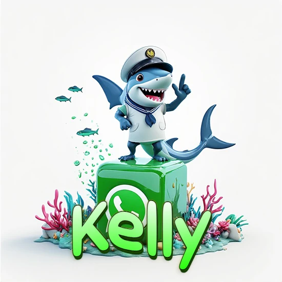 Fondo marino con un tiburón capitán sobre un cubo verde de WhatsApp. Arrecifes de coral, peces y burbujas. Nombre en verde claro en la parte delantera del cubo. Diseño con el nombre Kelly.