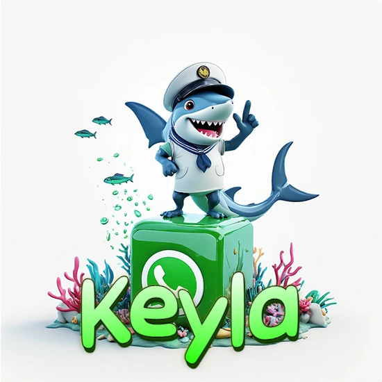 Fondo marino con un tiburón capitán sobre un cubo verde de WhatsApp. Arrecifes de coral, peces y burbujas. Nombre en verde claro en la parte delantera del cubo. Diseño con el nombre Keyla.