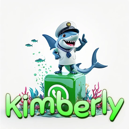 Fondo marino con un tiburón capitán sobre un cubo verde de WhatsApp. Arrecifes de coral, peces y burbujas. Nombre en verde claro en la parte delantera del cubo. Diseño con el nombre Kimberly.