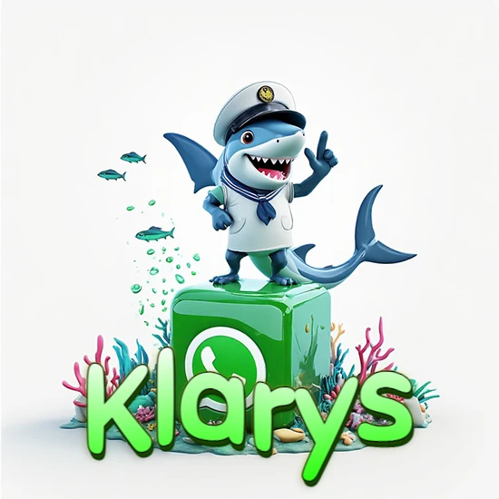 Fondo marino con un tiburón capitán sobre un cubo verde de WhatsApp. Arrecifes de coral, peces y burbujas. Nombre en verde claro en la parte delantera del cubo. Diseño con el nombre Klarys.