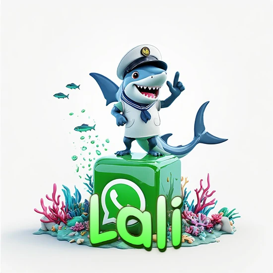 Fondo marino con un tiburón capitán sobre un cubo verde de WhatsApp. Arrecifes de coral, peces y burbujas. Nombre en verde claro en la parte delantera del cubo. Diseño con el nombre Lali.