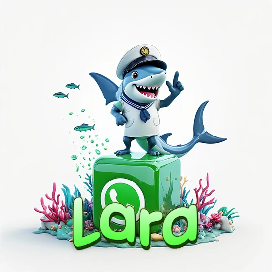 Fondo marino con un tiburón capitán sobre un cubo verde de WhatsApp. Arrecifes de coral, peces y burbujas. Nombre en verde claro en la parte delantera del cubo. Diseño con el nombre Lara.
