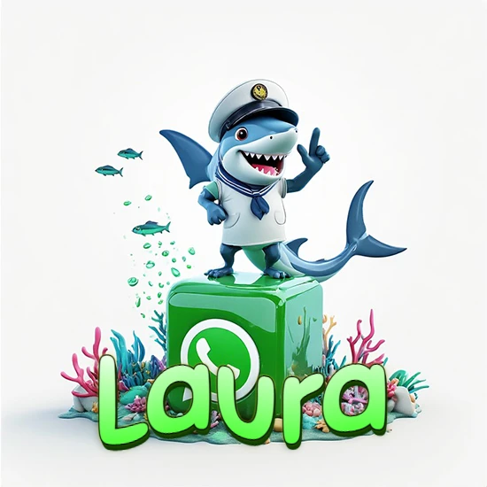 Fondo marino con un tiburón capitán sobre un cubo verde de WhatsApp. Arrecifes de coral, peces y burbujas. Nombre en verde claro en la parte delantera del cubo. Diseño con el nombre Laura.