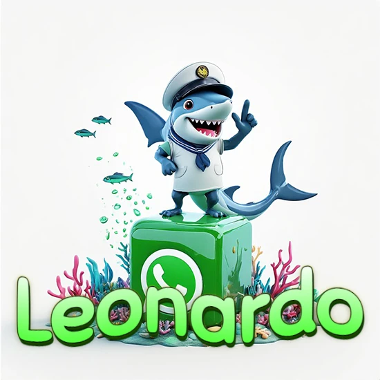 Fondo marino con un tiburón capitán sobre un cubo verde de WhatsApp. Arrecifes de coral, peces y burbujas. Nombre en verde claro en la parte delantera del cubo. Diseño con el nombre Leonardo.