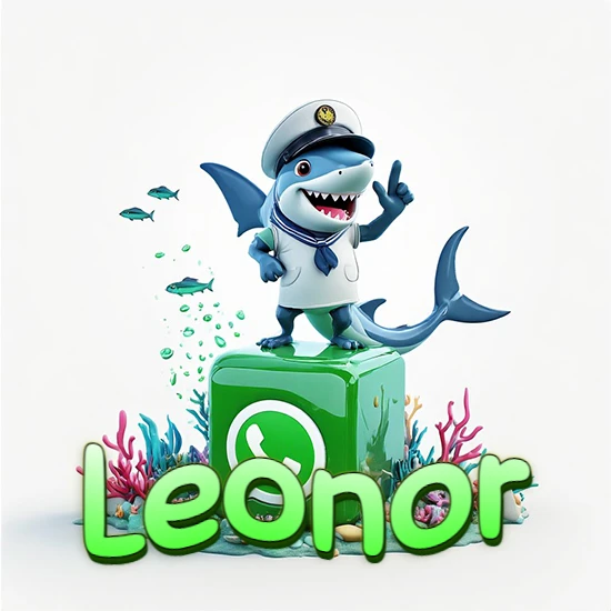 Fondo marino con un tiburón capitán sobre un cubo verde de WhatsApp. Arrecifes de coral, peces y burbujas. Nombre en verde claro en la parte delantera del cubo. Diseño con el nombre Leonor.