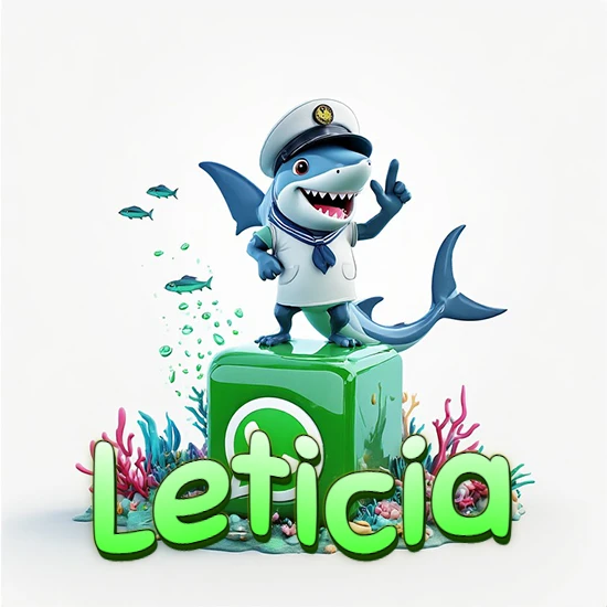 Fondo marino con un tiburón capitán sobre un cubo verde de WhatsApp. Arrecifes de coral, peces y burbujas. Nombre en verde claro en la parte delantera del cubo. Diseño con el nombre Leticia.