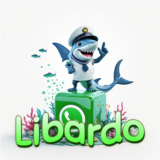 Fondo marino con un tiburón capitán sobre un cubo verde de WhatsApp. Arrecifes de coral, peces y burbujas. Nombre en verde claro en la parte delantera del cubo. Diseño con el nombre Libardo.