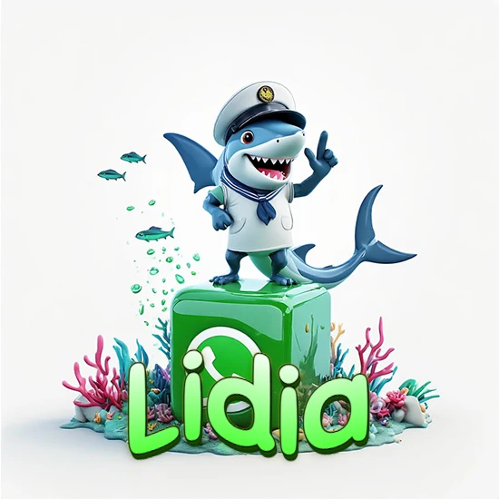 Fondo marino con un tiburón capitán sobre un cubo verde de WhatsApp. Arrecifes de coral, peces y burbujas. Nombre en verde claro en la parte delantera del cubo. Diseño con el nombre Lidia.