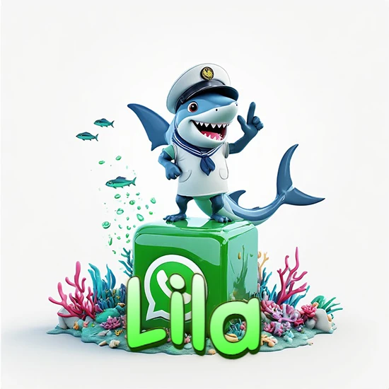 Fondo marino con un tiburón capitán sobre un cubo verde de WhatsApp. Arrecifes de coral, peces y burbujas. Nombre en verde claro en la parte delantera del cubo. Diseño con el nombre Lila.