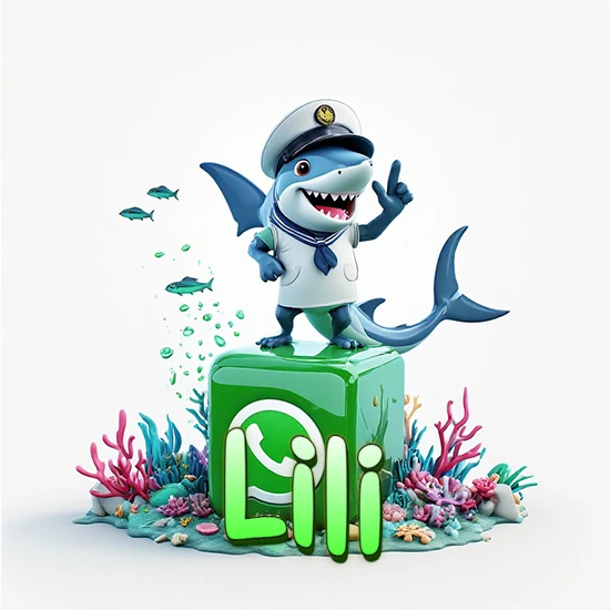 Fondo marino con un tiburón capitán sobre un cubo verde de WhatsApp. Arrecifes de coral, peces y burbujas. Nombre en verde claro en la parte delantera del cubo. Diseño con el nombre Lili.