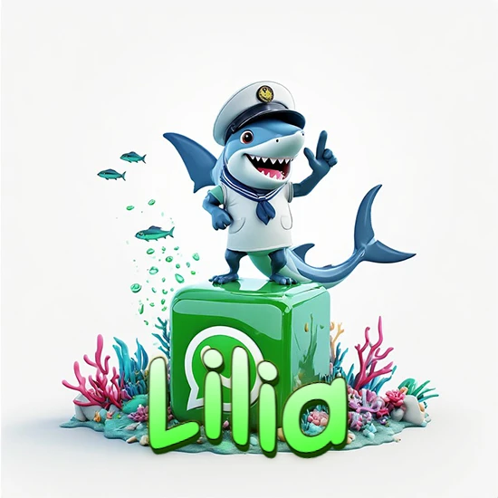 Fondo marino con un tiburón capitán sobre un cubo verde de WhatsApp. Arrecifes de coral, peces y burbujas. Nombre en verde claro en la parte delantera del cubo. Diseño con el nombre Lilia.