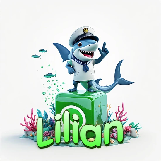 Fondo marino con un tiburón capitán sobre un cubo verde de WhatsApp. Arrecifes de coral, peces y burbujas. Nombre en verde claro en la parte delantera del cubo. Diseño con el nombre Lilian.