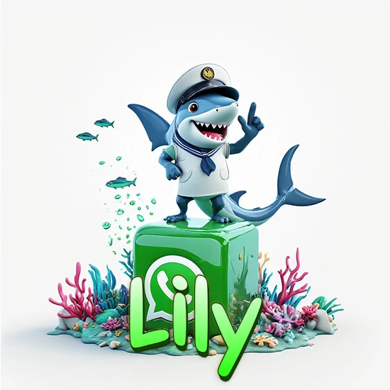 Fondo marino con un tiburón capitán sobre un cubo verde de WhatsApp. Arrecifes de coral, peces y burbujas. Nombre en verde claro en la parte delantera del cubo. Diseño con el nombre Lily.