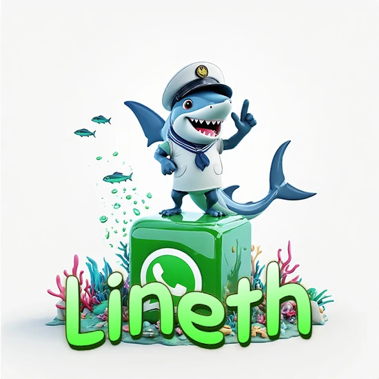 Fondo marino con un tiburón capitán sobre un cubo verde de WhatsApp. Arrecifes de coral, peces y burbujas. Nombre en verde claro en la parte delantera del cubo. Diseño con el nombre Lineth.