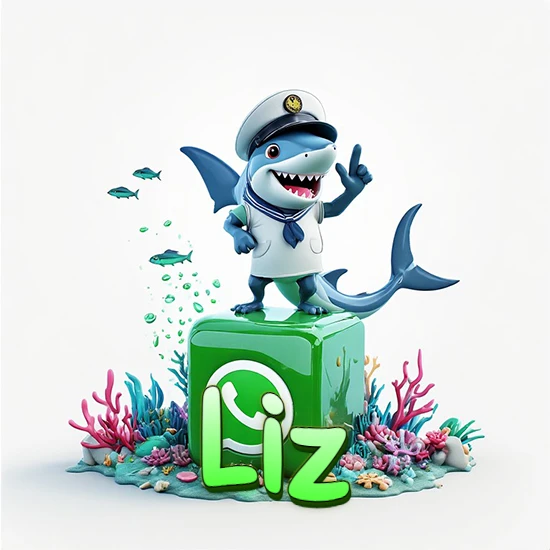 Fondo marino con un tiburón capitán sobre un cubo verde de WhatsApp. Arrecifes de coral, peces y burbujas. Nombre en verde claro en la parte delantera del cubo. Diseño con el nombre Liz.