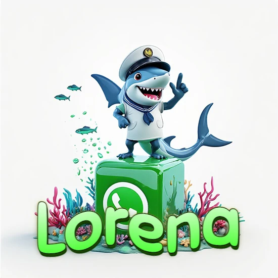 Fondo marino con un tiburón capitán sobre un cubo verde de WhatsApp. Arrecifes de coral, peces y burbujas. Nombre en verde claro en la parte delantera del cubo. Diseño con el nombre Lorena.