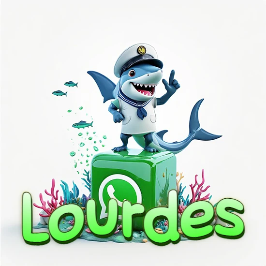 Fondo marino con un tiburón capitán sobre un cubo verde de WhatsApp. Arrecifes de coral, peces y burbujas. Nombre en verde claro en la parte delantera del cubo. Diseño con el nombre Lourdes.