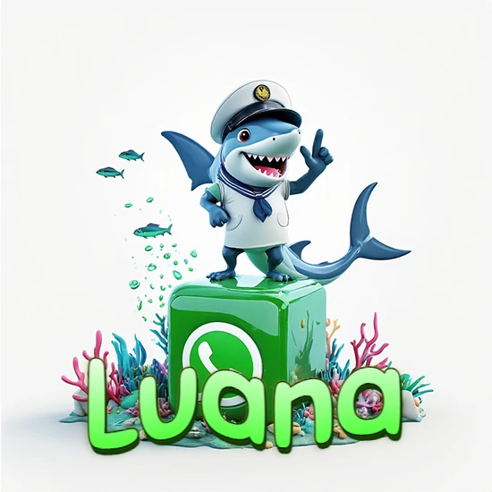 Fondo marino con un tiburón capitán sobre un cubo verde de WhatsApp. Arrecifes de coral, peces y burbujas. Nombre en verde claro en la parte delantera del cubo. Diseño con el nombre Luana.