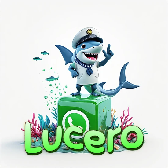 Fondo marino con un tiburón capitán sobre un cubo verde de WhatsApp. Arrecifes de coral, peces y burbujas. Nombre en verde claro en la parte delantera del cubo. Diseño con el nombre Lucero.