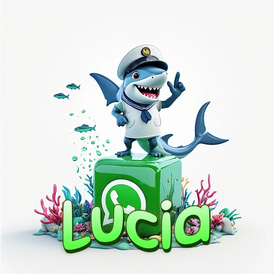 Fondo marino con un tiburón capitán sobre un cubo verde de WhatsApp. Arrecifes de coral, peces y burbujas. Nombre en verde claro en la parte delantera del cubo. Diseño con el nombre Lucia.