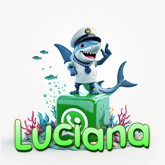 Fondo marino con un tiburón capitán sobre un cubo verde de WhatsApp. Arrecifes de coral, peces y burbujas. Nombre en verde claro en la parte delantera del cubo. Diseño con el nombre Luciana.