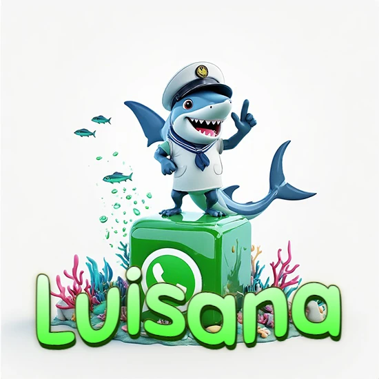 Fondo marino con un tiburón capitán sobre un cubo verde de WhatsApp. Arrecifes de coral, peces y burbujas. Nombre en verde claro en la parte delantera del cubo. Diseño con el nombre Luisana.