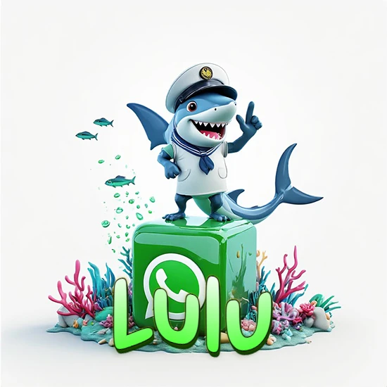 Fondo marino con un tiburón capitán sobre un cubo verde de WhatsApp. Arrecifes de coral, peces y burbujas. Nombre en verde claro en la parte delantera del cubo. Diseño con el nombre Lulu.