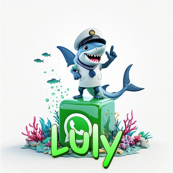 Fondo marino con un tiburón capitán sobre un cubo verde de WhatsApp. Arrecifes de coral, peces y burbujas. Nombre en verde claro en la parte delantera del cubo. Diseño con el nombre Luly.