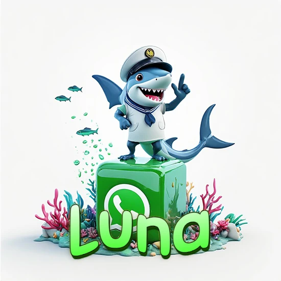Fondo marino con un tiburón capitán sobre un cubo verde de WhatsApp. Arrecifes de coral, peces y burbujas. Nombre en verde claro en la parte delantera del cubo. Diseño con el nombre Luna.
