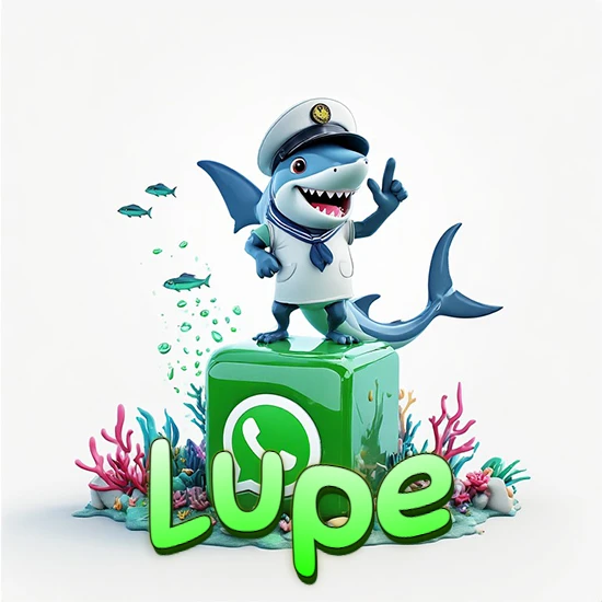 Fondo marino con un tiburón capitán sobre un cubo verde de WhatsApp. Arrecifes de coral, peces y burbujas. Nombre en verde claro en la parte delantera del cubo. Diseño con el nombre Lupe.
