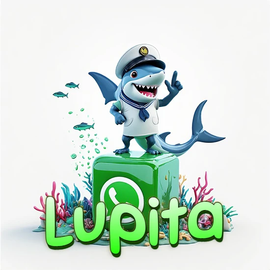 Fondo marino con un tiburón capitán sobre un cubo verde de WhatsApp. Arrecifes de coral, peces y burbujas. Nombre en verde claro en la parte delantera del cubo. Diseño con el nombre Lupita.
