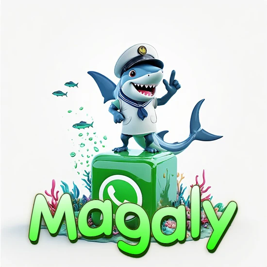 Fondo marino con un tiburón capitán sobre un cubo verde de WhatsApp. Arrecifes de coral, peces y burbujas. Nombre en verde claro en la parte delantera del cubo. Diseño con el nombre Magaly.