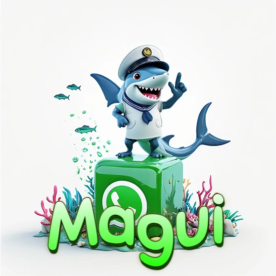 Fondo marino con un tiburón capitán sobre un cubo verde de WhatsApp. Arrecifes de coral, peces y burbujas. Nombre en verde claro en la parte delantera del cubo. Diseño con el nombre Magui.