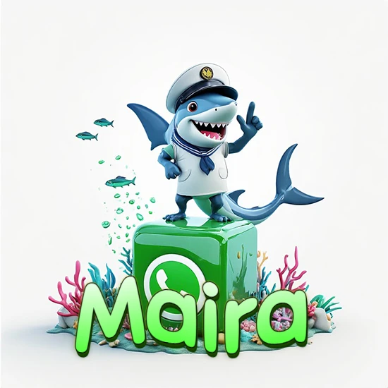 Fondo marino con un tiburón capitán sobre un cubo verde de WhatsApp. Arrecifes de coral, peces y burbujas. Nombre en verde claro en la parte delantera del cubo. Diseño con el nombre Maira.