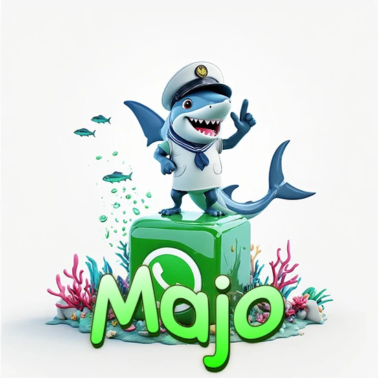 Fondo marino con un tiburón capitán sobre un cubo verde de WhatsApp. Arrecifes de coral, peces y burbujas. Nombre en verde claro en la parte delantera del cubo. Diseño con el nombre Majo.