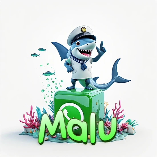 Fondo marino con un tiburón capitán sobre un cubo verde de WhatsApp. Arrecifes de coral, peces y burbujas. Nombre en verde claro en la parte delantera del cubo. Diseño con el nombre Malu.