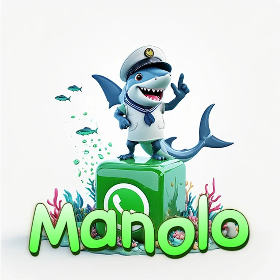 Fondo marino con un tiburón capitán sobre un cubo verde de WhatsApp. Arrecifes de coral, peces y burbujas. Nombre en verde claro en la parte delantera del cubo. Diseño con el nombre Manolo.