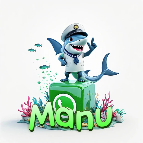 Fondo marino con un tiburón capitán sobre un cubo verde de WhatsApp. Arrecifes de coral, peces y burbujas. Nombre en verde claro en la parte delantera del cubo. Diseño con el nombre Manu.