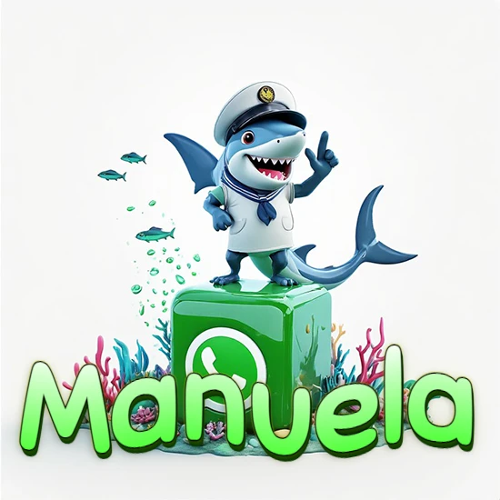 Fondo marino con un tiburón capitán sobre un cubo verde de WhatsApp. Arrecifes de coral, peces y burbujas. Nombre en verde claro en la parte delantera del cubo. Diseño con el nombre Manuela.