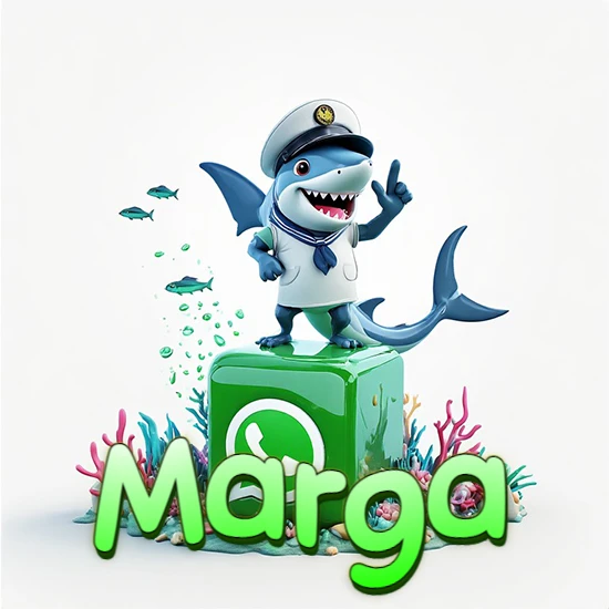 Fondo marino con un tiburón capitán sobre un cubo verde de WhatsApp. Arrecifes de coral, peces y burbujas. Nombre en verde claro en la parte delantera del cubo. Diseño con el nombre Marga.