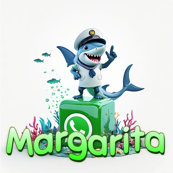Fondo marino con un tiburón capitán sobre un cubo verde de WhatsApp. Arrecifes de coral, peces y burbujas. Nombre en verde claro en la parte delantera del cubo. Diseño con el nombre Margarita.